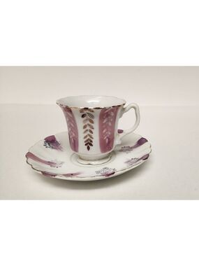 Vintage Early 19th Century White, Purple Gold Trim Teacups and Saucers